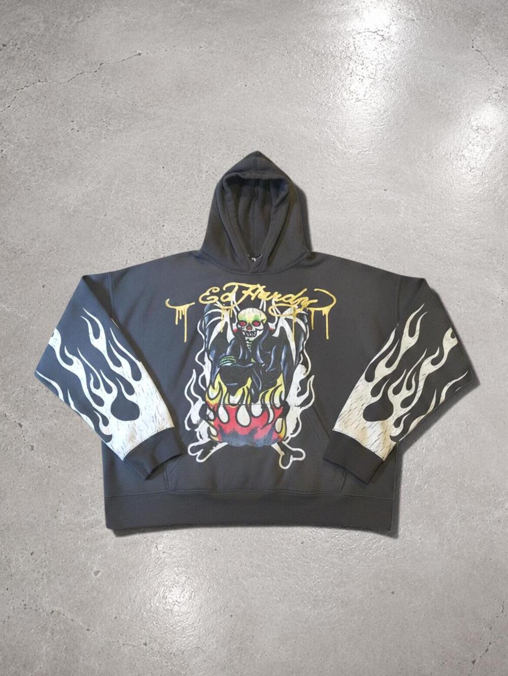 Ed Hardy Black Graphic Hoodie with Flame Sleeves - Streetwear Oversized Fit